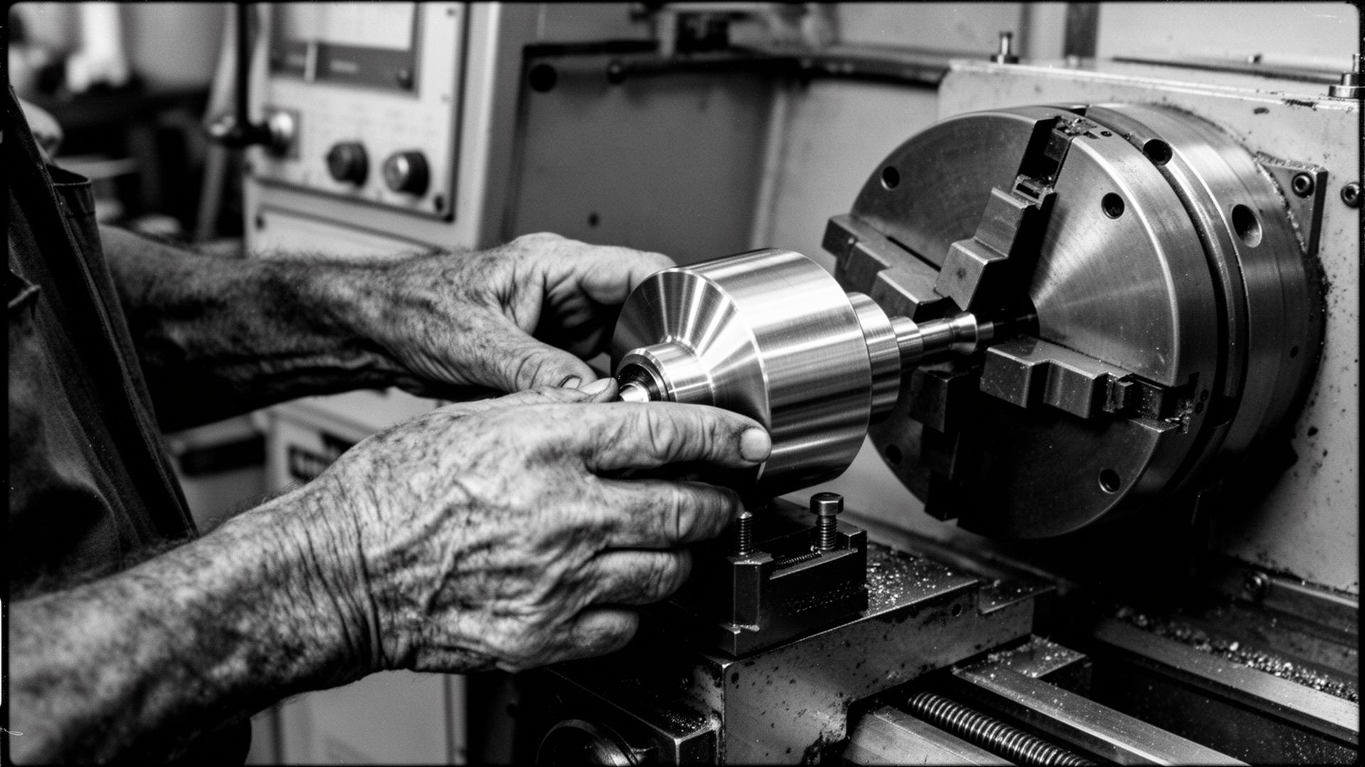 Machinist hands setting a polished workpiece in a lathe chuck, documentary photograph