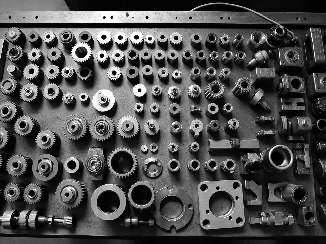 Finished precision powder metal parts arranged in rows