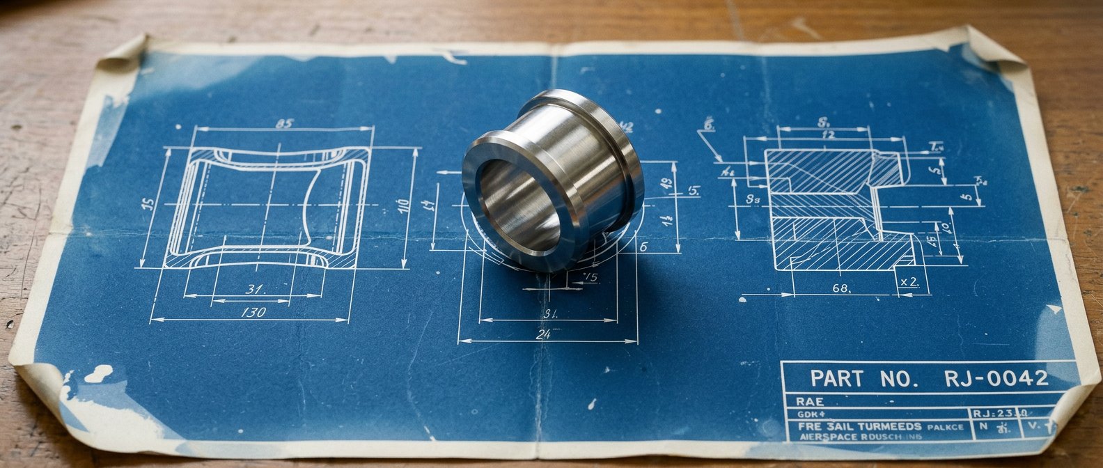 Polished aerospace bushing resting on engineering blueprint
