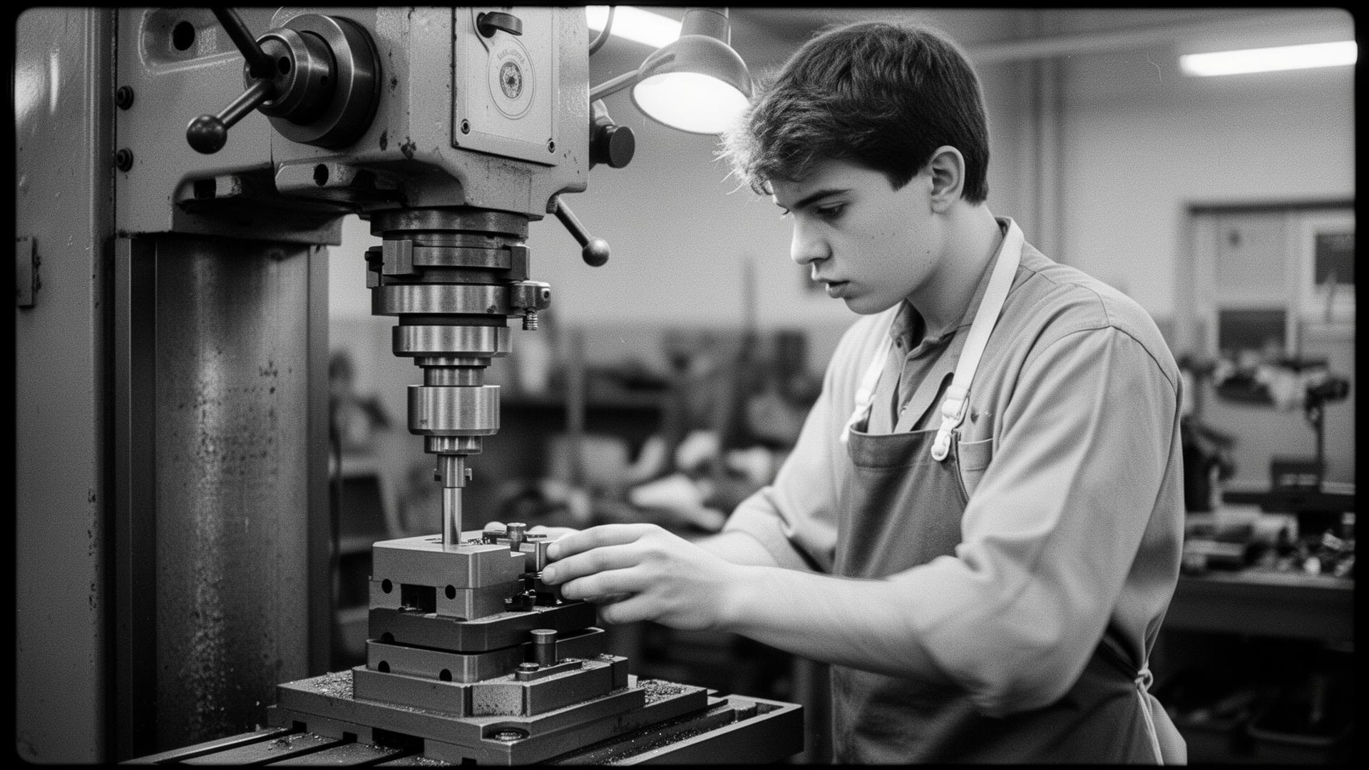 Young machinist setting up a fixture on a vertical mill, black and white documentary photograph