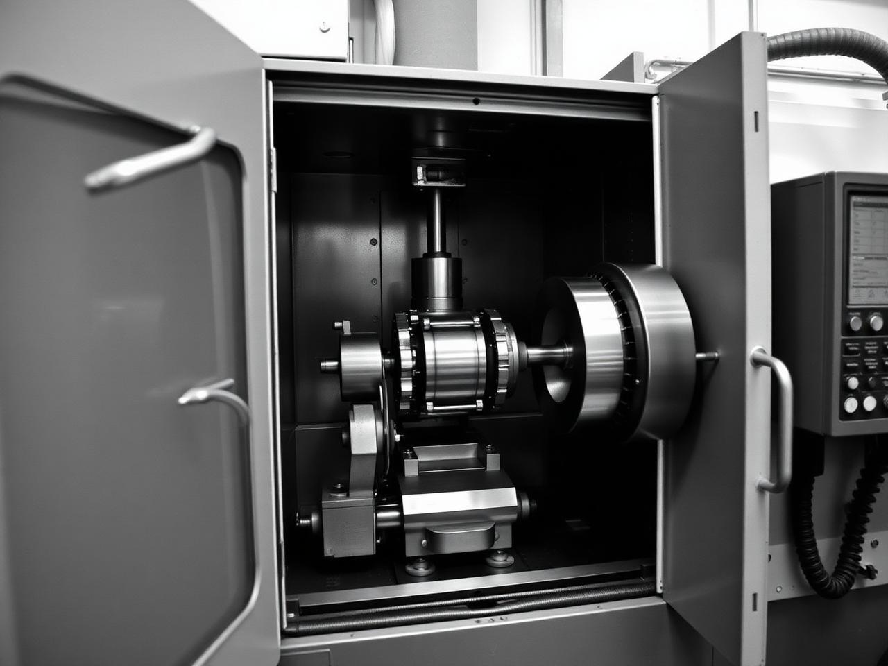 CNC turning center interior with chuck, tailstock and tool turret