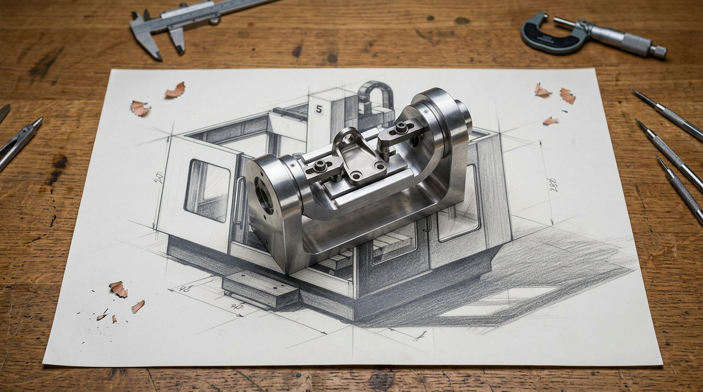 A real 5-axis trunnion fixture and machined aerospace bracket resting on a graphite sketch of a vertical machining center