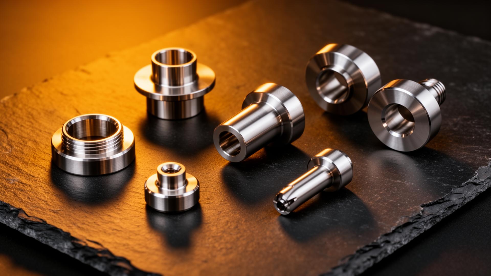 Precision CNC-turned components arranged on a dark slate surface