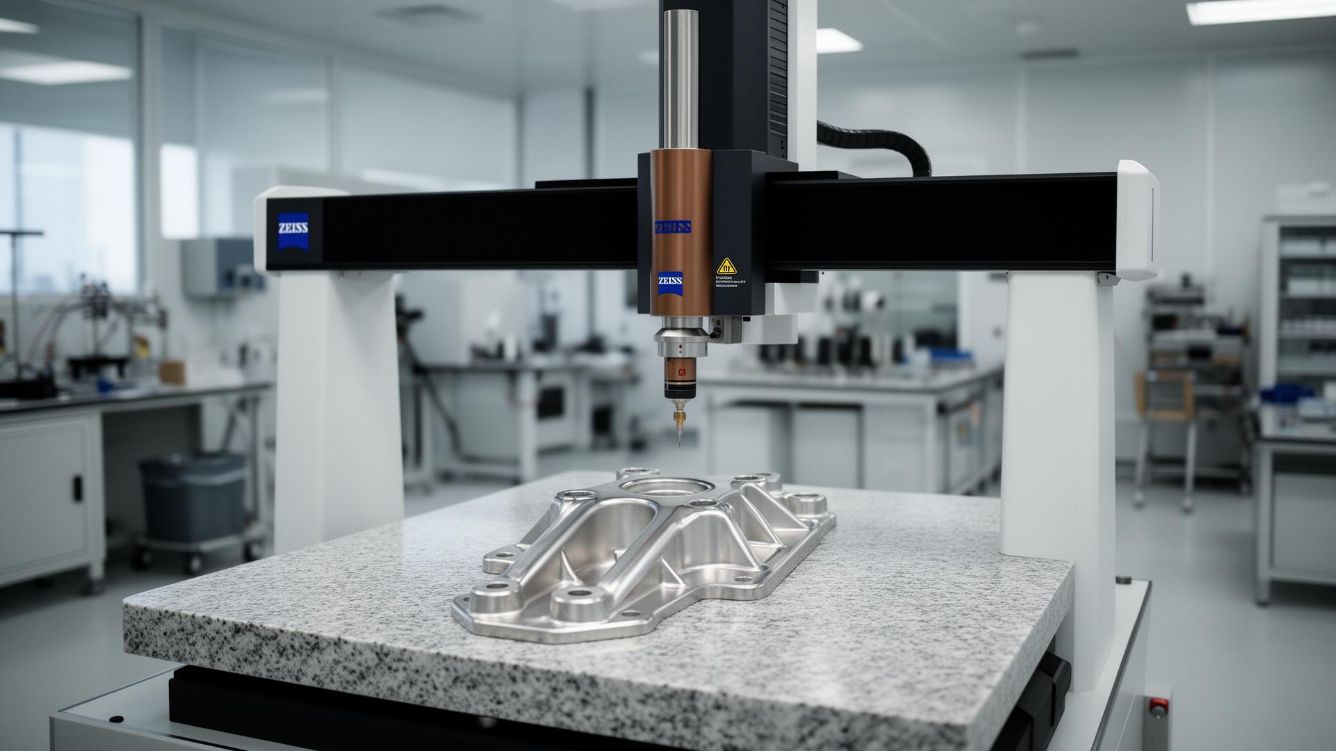 ZEISS bridge-type coordinate measuring machine inspecting a machined aerospace bracket on a granite surface plate