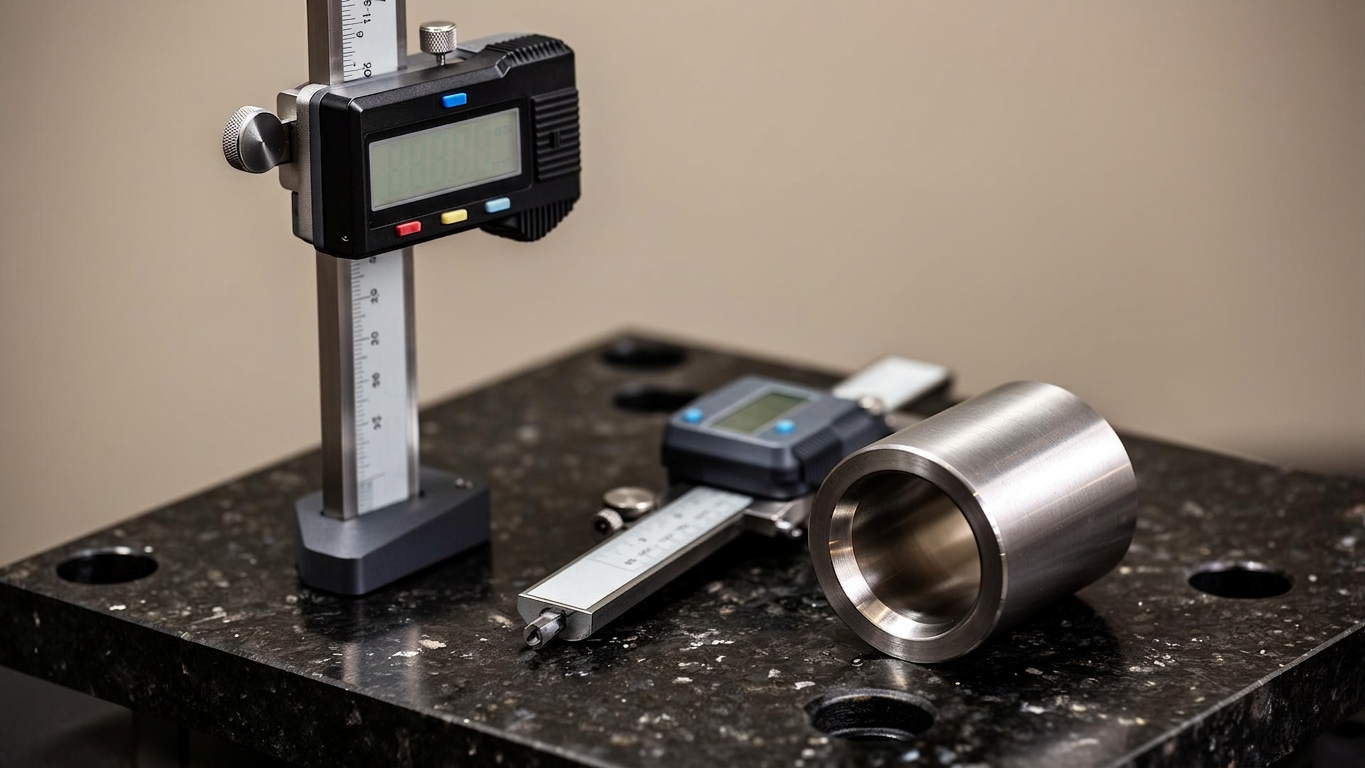 High-precision digital height gauge and digital caliper resting on a black granite surface plate with a polished aerospace bushing