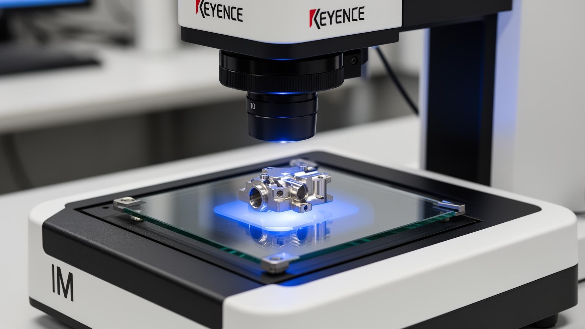 Keyence IM-series image dimension measurement system optically inspecting a precision-machined aerospace component